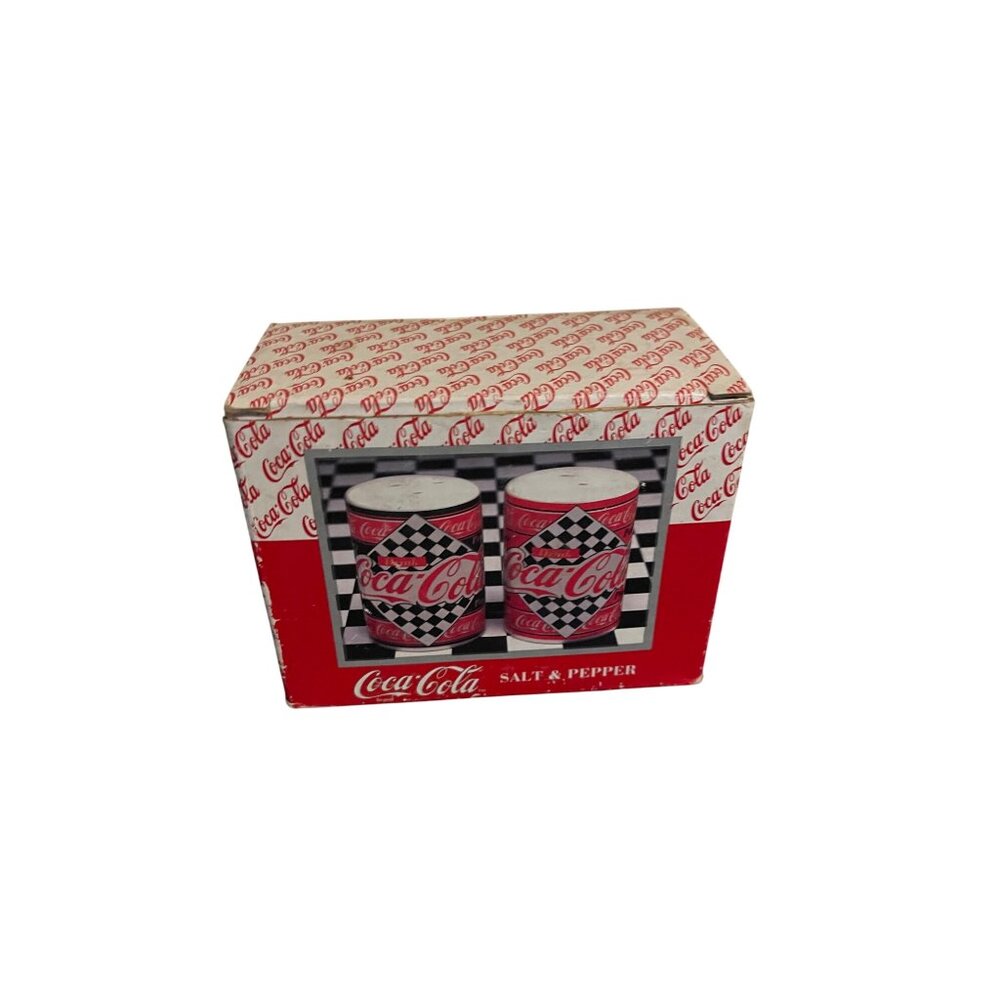 Coca-Cola Salt & Pepper Shaker Set Classic Racing Design Checkerboard Pattern - Picture 2 of 11